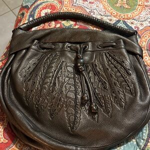 Woven Handle Embossed Feather Leather Hobo Bag - Black